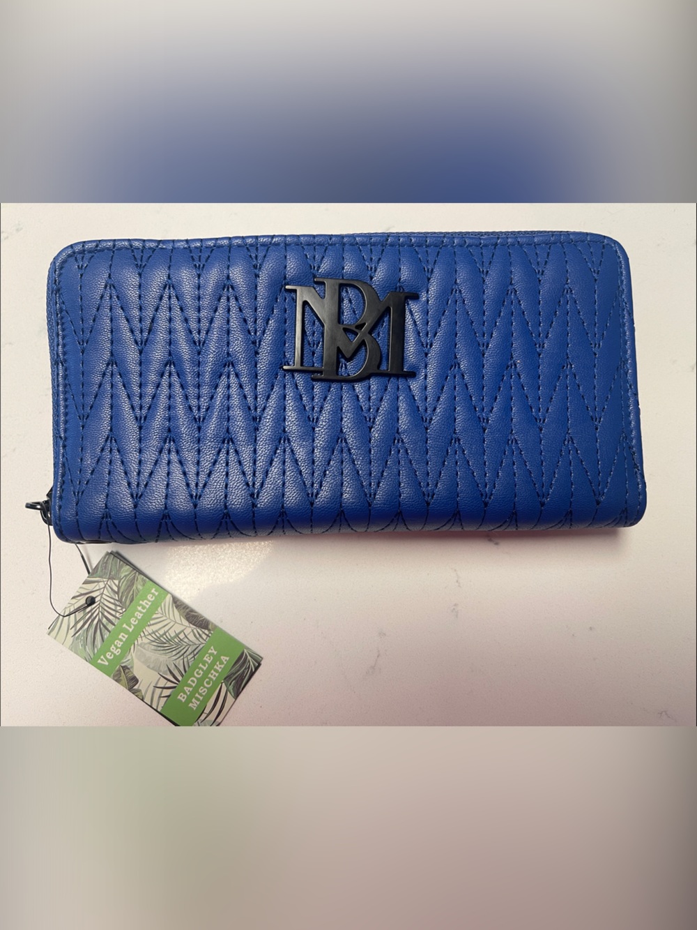 Badgley Mischka Royal Blue Quilted Vegan Leather Zip-Around Wallet, phone holder